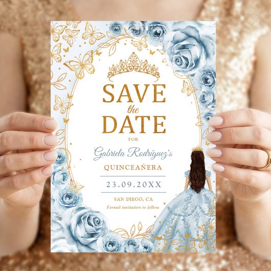 Save The Date Bébé Blue Or Fleurs Quinceanera