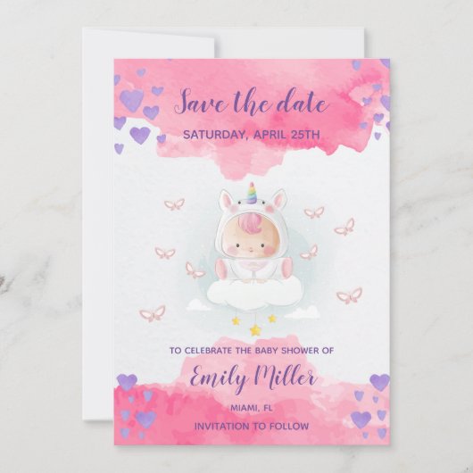 Save The Date Bébé licorne fille douche enregistrer la date (Devant)