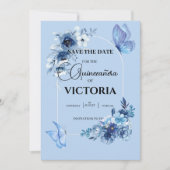 Save The Date Bébé papillon bleu arc floral Quinceañera (Devant)