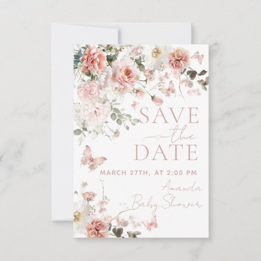 Save The Date Bébé papillon en fleur Baby shower floral rose (Devant)