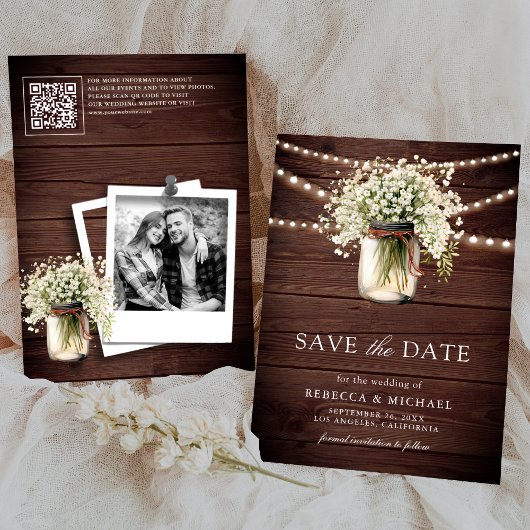 Save The Date Bébé respirer Mason Jar Wood QR Code Mariage Photo