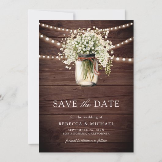 Save The Date Bébé respirer Mason Jar Wood QR Code Mariage Photo (Devant)