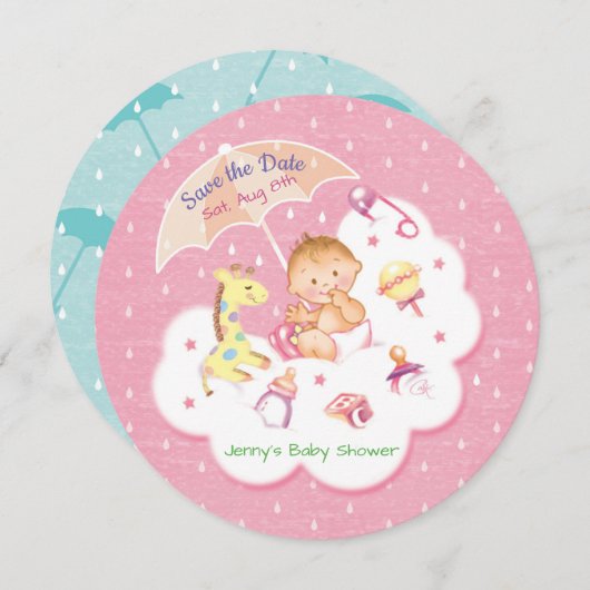 Save The Date Bébé sur nuage rose sous parapluie (Devant / Derrière)