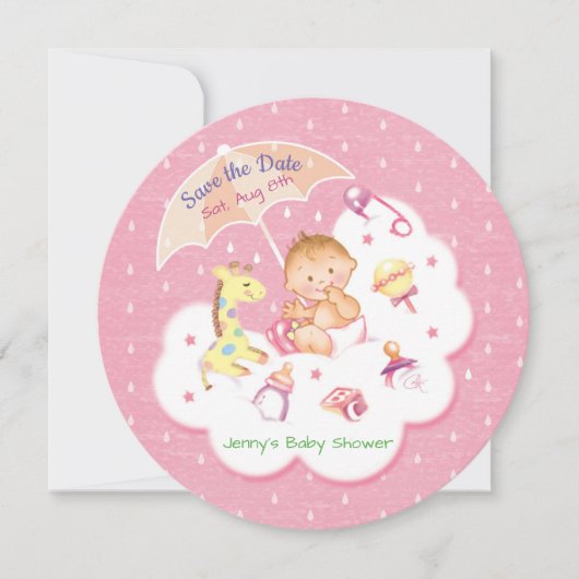 Save The Date Bébé sur nuage rose sous parapluie (Devant)