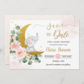 Save The Date Bébé Whimsical Elephant Crescent Lune Blush Floral (Devant / Derrière)