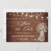 Save The Date Bébé's Breath Mason Jar Rustic Wood Mariage (Devant)