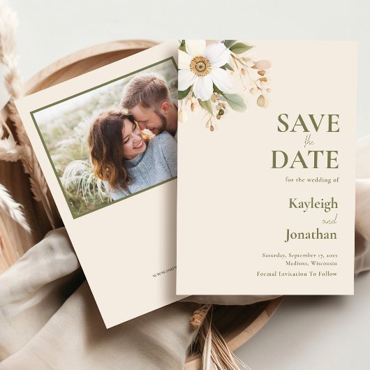 Save The Date Beige Moderne Aquarelle Floral Mariage Photo
