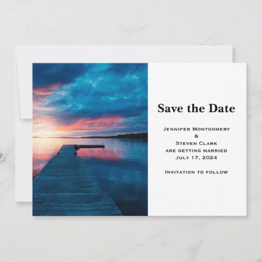Save The Date Bel coucher de soleil sur un Mariage de lac de Cal (Devant)