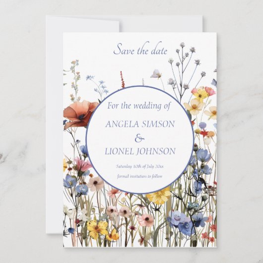 Save The Date Belle aquarelle dessinant fleurs sauvages, prairie (Devant)