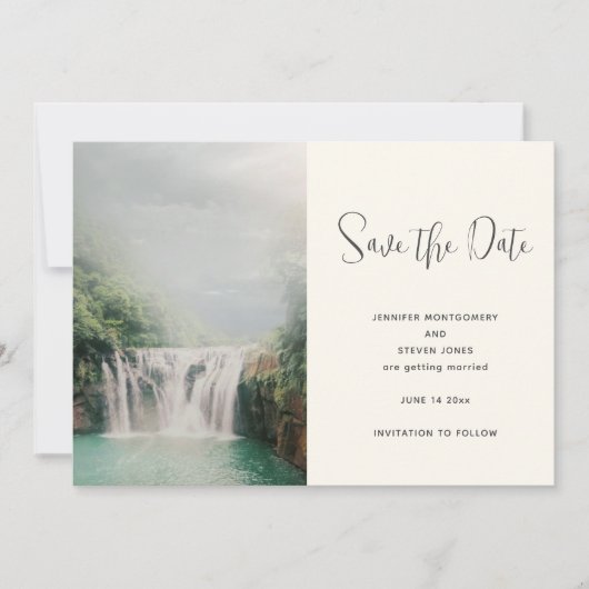Save The Date Belle cascade d'un Mariage de Forêt Verte (Devant)