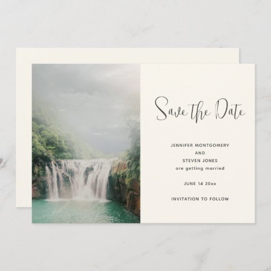 Save The Date Belle cascade d'un Mariage de Forêt Verte (Devant / Derrière)
