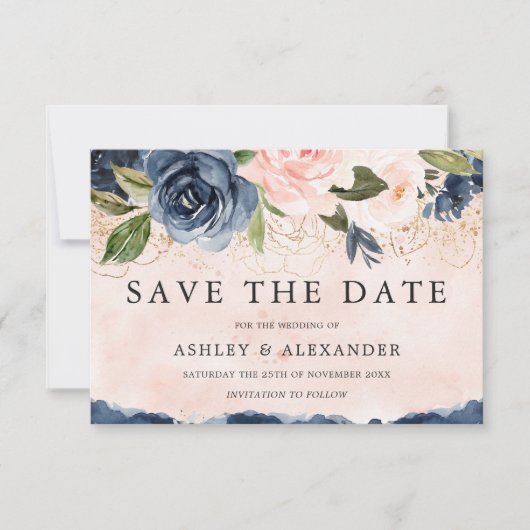 Save The Date Belle Elégante Marine Floral Gold Blush (Devant)
