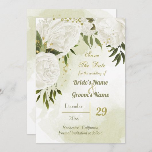 Save The Date belle fleurs blanches vert feuille botanique (Devant / Derrière)