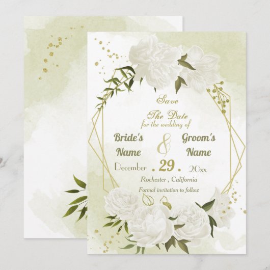 Save The Date belle fleurs blanches vert feuille géométrique (Devant / Derrière)