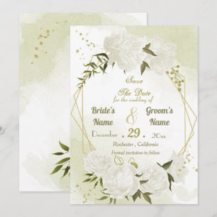 Save The Date belle fleurs blanches vert feuille géométrique