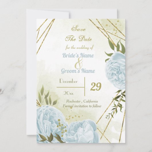 Save The Date belle fleurs bleues vert feuille botanique (Devant)