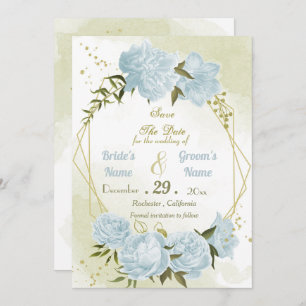 Save The Date belle fleurs bleues vert feuille géométrique