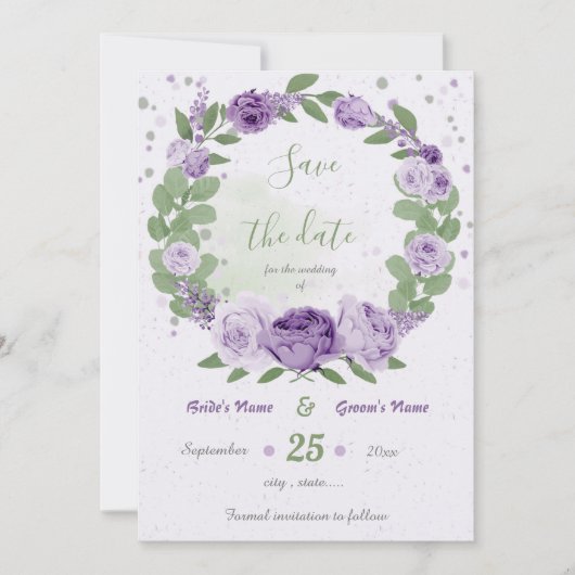 Save The Date belle fleurs violet vert feuilles (Devant)