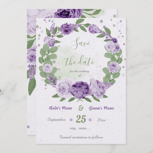 Save The Date belle fleurs violet vert feuilles (Devant / Derrière)