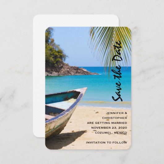 Save The Date Belle plage tropicale avec bateau à rames (Devant / Derrière)