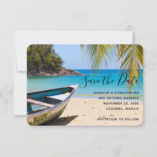 Save The Date Belle plage tropicale avec bateau à rames