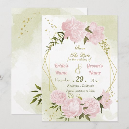 Save The Date belle rose fleurs vert feuilles géométrique (Devant / Derrière)