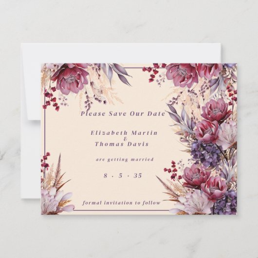 Save The Date Belle rose & mauve Fleurs élégantes (Devant)