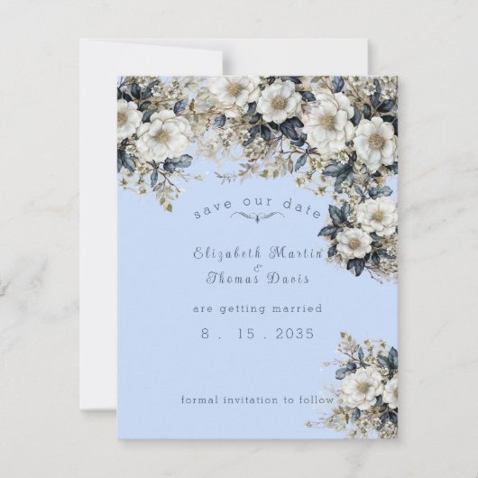 Save The Date Belle Roses Blanches Vignes Feuilles Bleus (Devant)