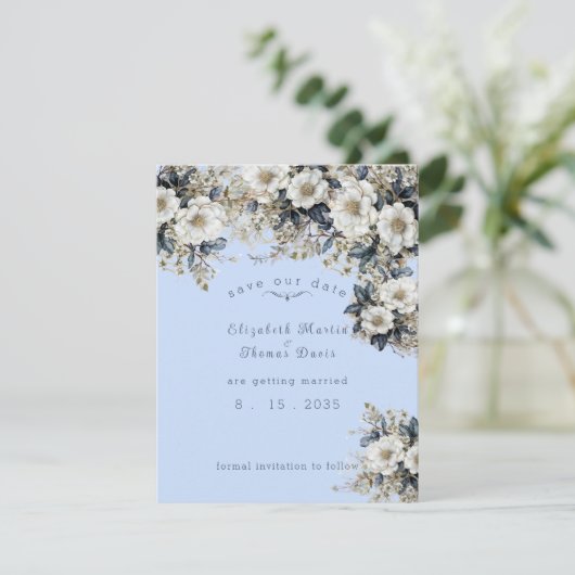 Save The Date Belle Roses Blanches Vignes Feuilles Bleus (Debout devant)