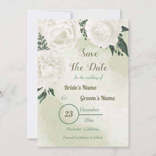 Save The Date belles fleurs blanches avec feuilles verts (Devant)