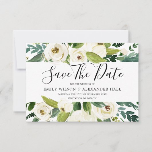 Save The Date Belles Fleurs blanches Verdure Printemps Mariage (Devant)