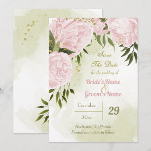 Save The Date belles fleurs roses vert feuille botanique