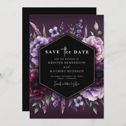 Save The Date Belles fleurs violet Mariage floral (Devant / Derrière)