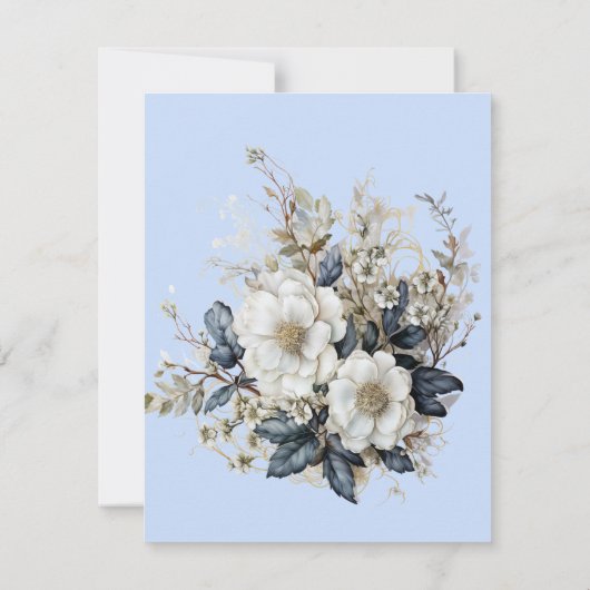 Save The Date Belles roses blanches vignes feuilles bleues (Dos)