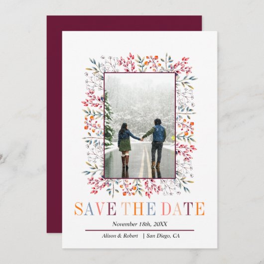 Save The Date Berries et feuilles frontière Bourgogne mariage d' (Devant / Derrière)