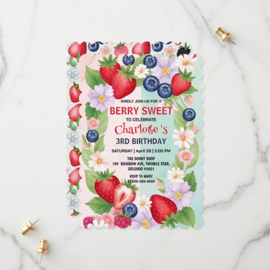 Save The Date Berry Anniversaire Fleur de fraise Fête Fille (Devant/Arrière en situation)