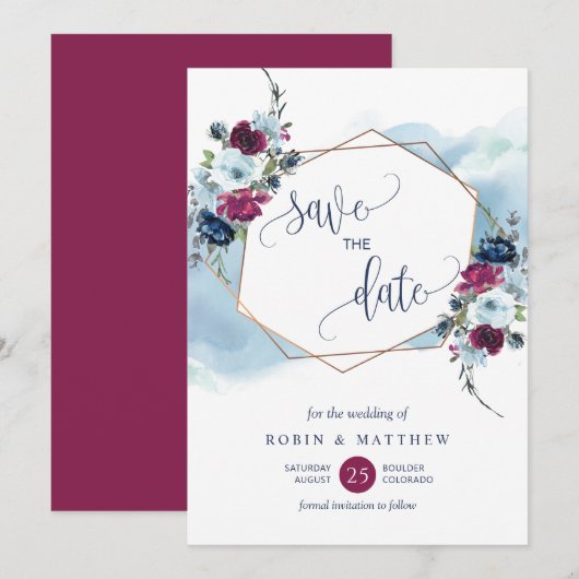 Save The Date Berry, Bourgogne et Flore bleue, Mariage élégant (Devant / Derrière)
