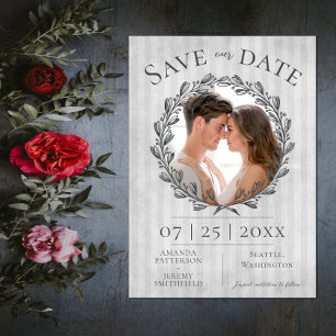 Save The Date Berry Wreath et Stripes Photo Gris