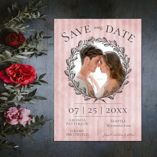 Save The Date Berry Wreath et Stripes Photo | Rose