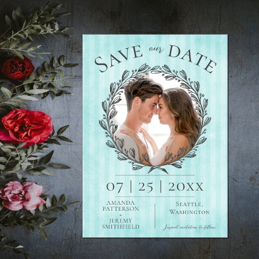 Save The Date Berry Wreath et Stripes Photo | TURQUOISE