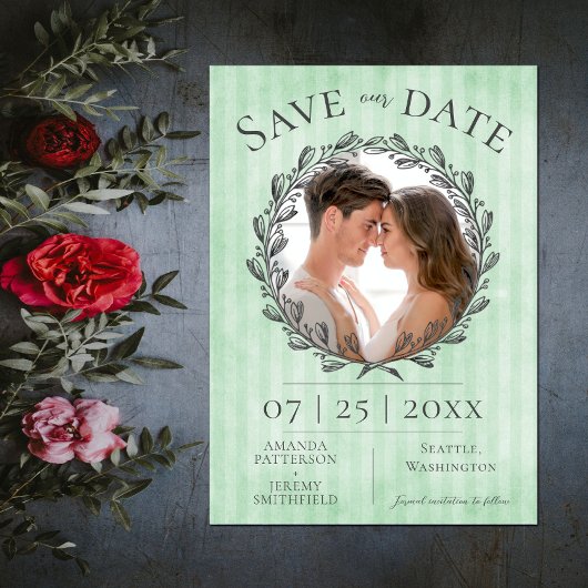 Save The Date Berry Wreath et Stripes Photo | Vert