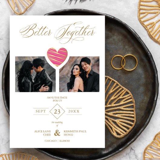Save The Date Better Together Quote Hot Pink Heart 2 Photos