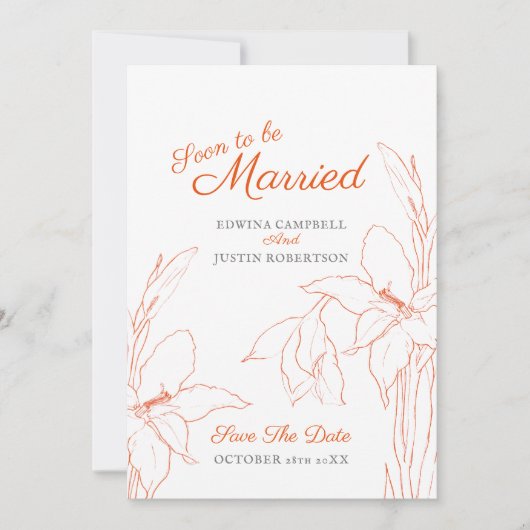 Save The Date Bientôt mariés art botanique glaïeul orange (Devant)