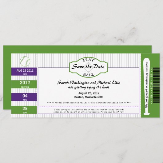 Save The Date Billet de baseball Enregistrer la date (Devant / Derrière)