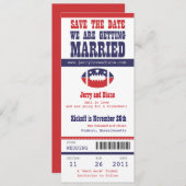Save The Date Billet de football bleu et rouge Mariage Enregistr (Devant / Derrière)