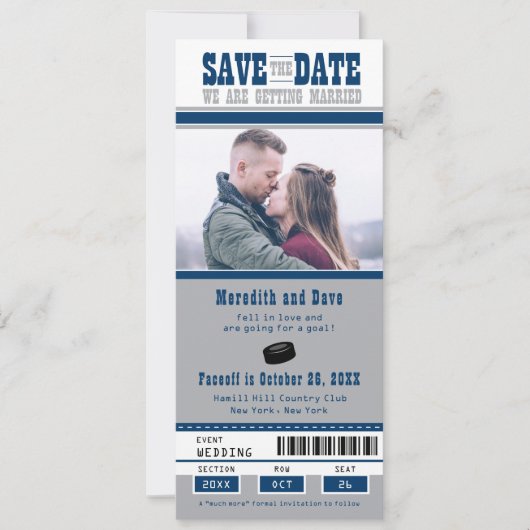 Save The Date Billet de Hockey en argent bleu Mariage Enregistre (Devant)