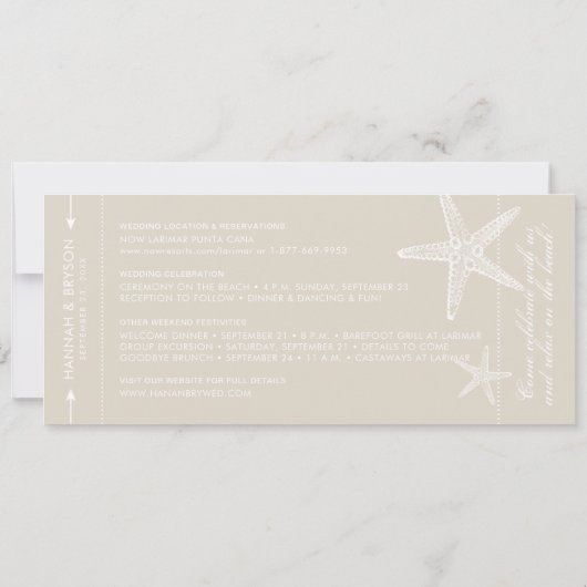 Save The Date Billet d'entrée Tan and White Starfish Boarding Pa (Dos)