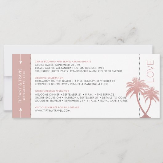 Save The Date Billet Mariage de croisière Pass Rose or rose (Dos)