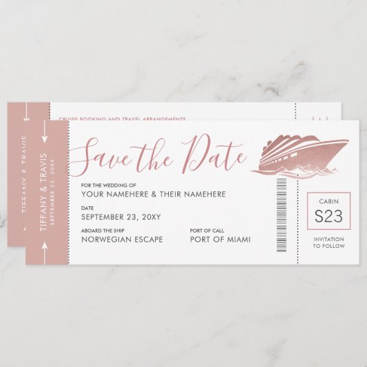 Save The Date Billet Mariage de croisière Pass Rose or rose (Devant / Derrière)