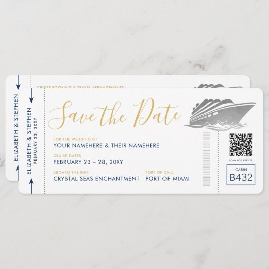 Save The Date Billet Mariage de croisière Silver Boarding Pass (Devant / Derrière)